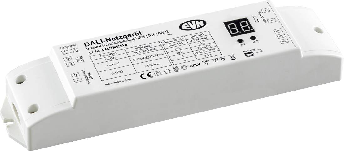 Weißes DALI-Netzwerk-Steuermodul mit gedrucktem Etikett, Statusanzeigen und Befestigungslöchern für die elektrische Installation.