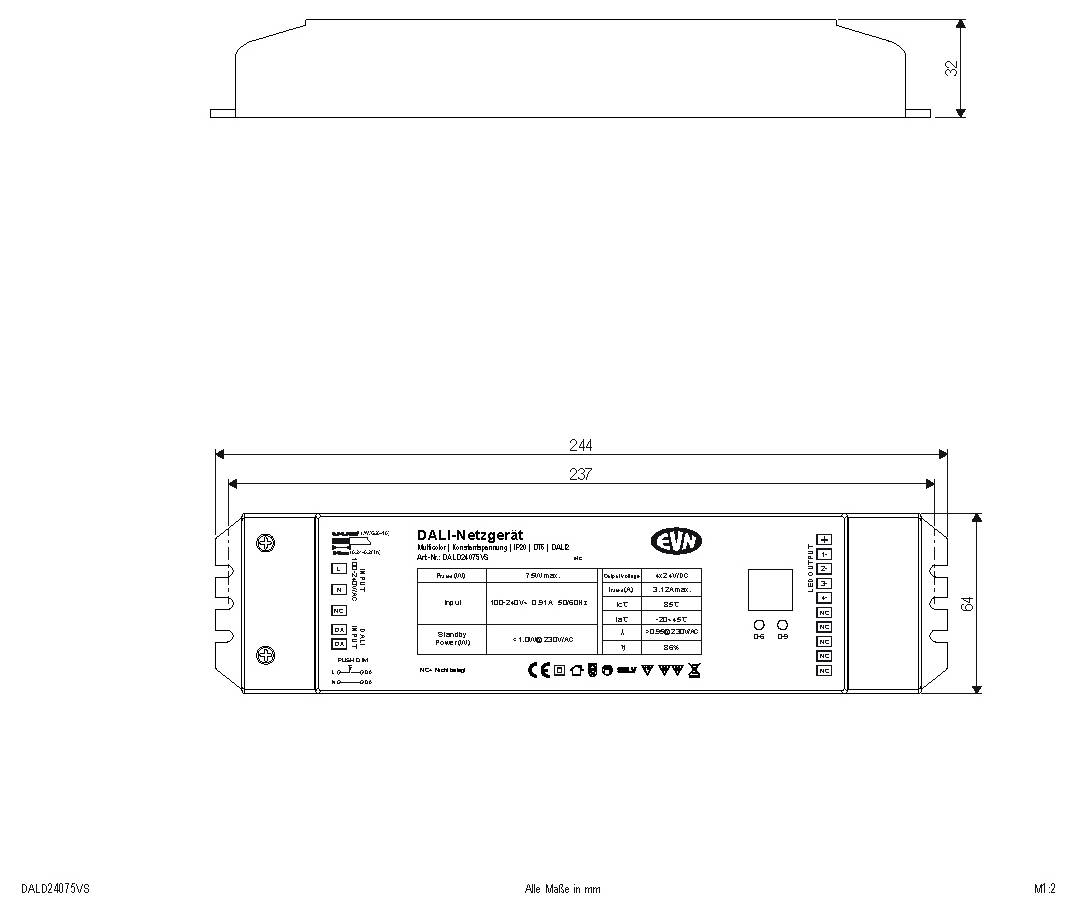 Technische Maßzeichnung eines DALI-Netzgeräts LED-Treiber, zeigt Vorder- und Seitenansichten mit Abmessungen von 244 mm Länge und 32 mm Höhe.