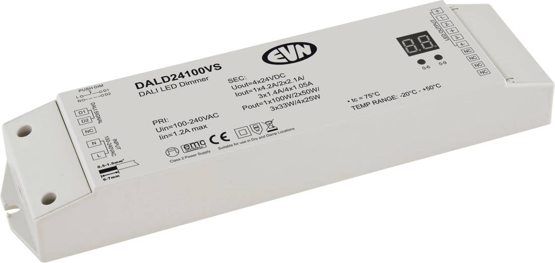 Weißes EVN DALI LED-Treiber-Modul mit der Bezeichnung 'DALD24100VS' mit Spezifikationen und einem kleinen digitalen Display auf der rechten Seite.