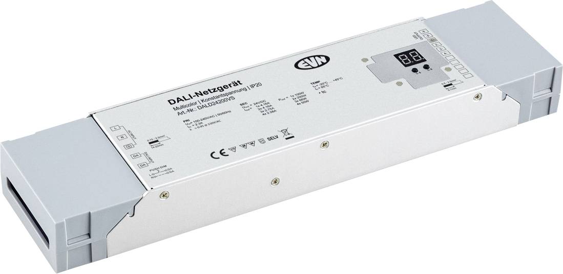 Langes graues elektronisches Steuermodul mit Steckerenden und einem kleinen digitalen Anzeigefeld oben.