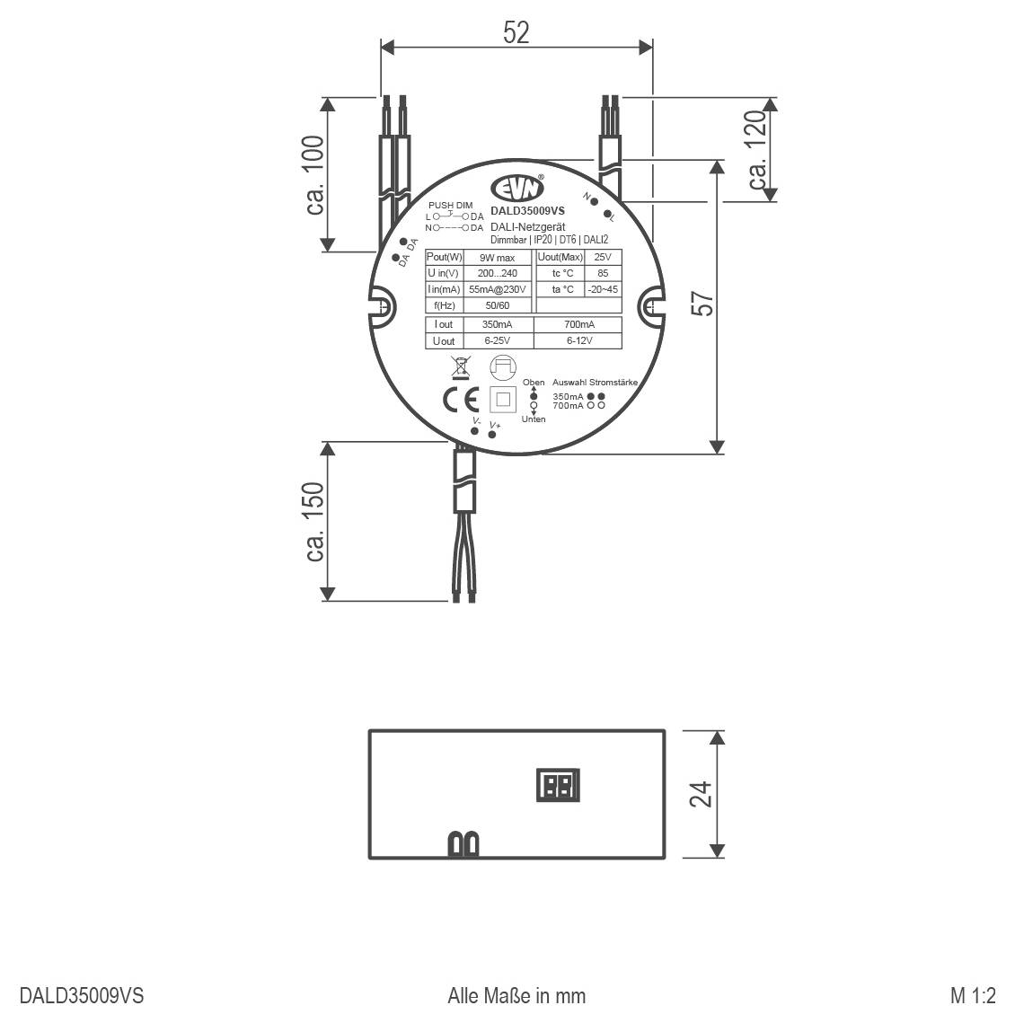 Maßstabgerechte technische Zeichnung eines runden DALI-3050009VS-Geräts mit Kabeln, zeigt Vorder- und Seitenansichten mit Maßen in mm.