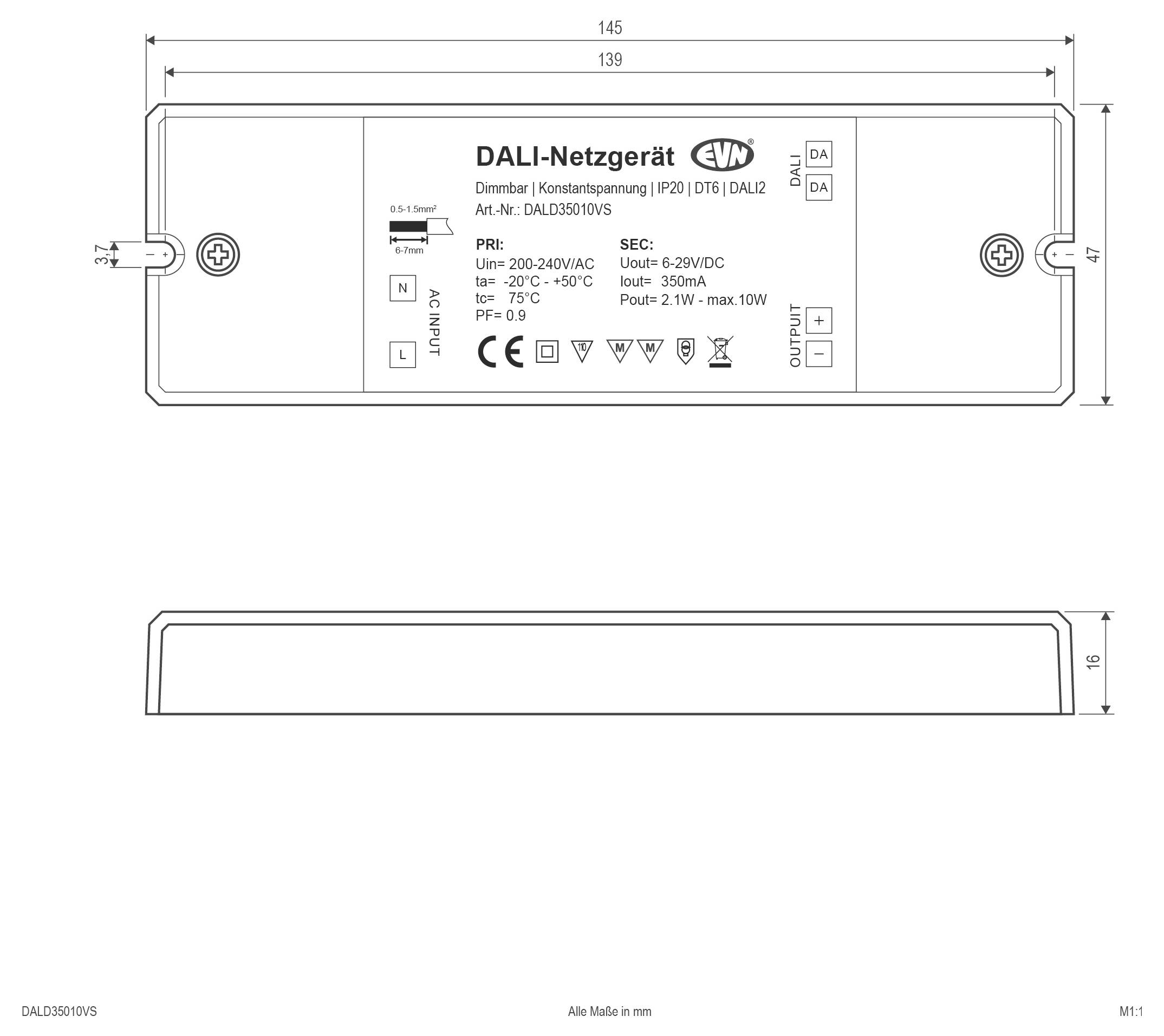 Technische Dimensionszeichnung eines DALI-Netzgeräts Stromversorgung, mit Draufsicht und Seitenansicht sowie Messungen und Beschriftungen für Ein- und Ausgabespezifikationen.