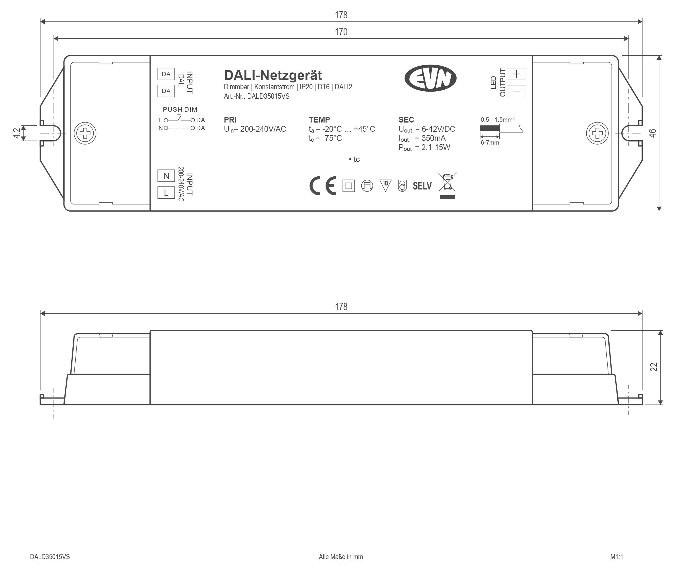 Technische Strichzeichnung einer kleinen elektrischen Komponente, die durch ein Panel eingebaut ist, mit Vorder- und Draufsicht und Abmessungen: Kabel etwa 2000 mm, Panel-Dicke 20 mm, und Durchmesser 10, 13 und 18 mm.