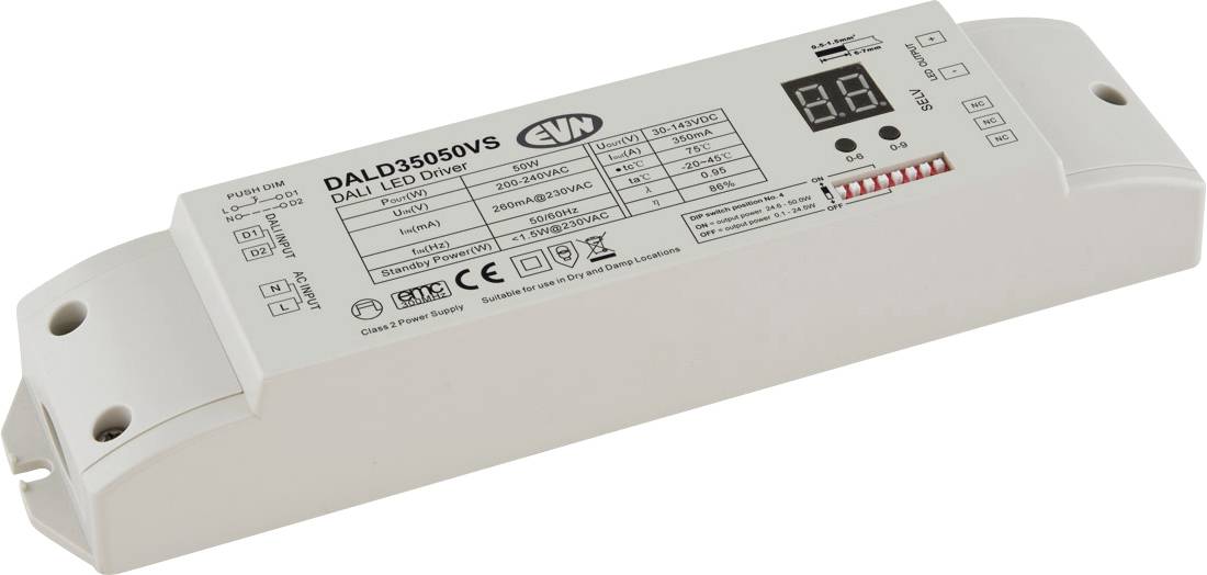 Weiß LED-Treibermodul mit digitalem Display, Modell DALI D3505vs, dargestellt in Produktansicht auf weißem Hintergrund.