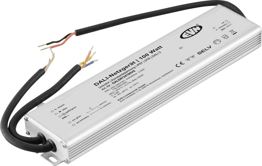 Silbernes DALI LED-Stromversorgungstreiber mit angebrachten schwarzen Kabeln und freiliegenden Drahtenden, beschriftet mit 100 Watt, auf weißem Hintergrund abgebildet.