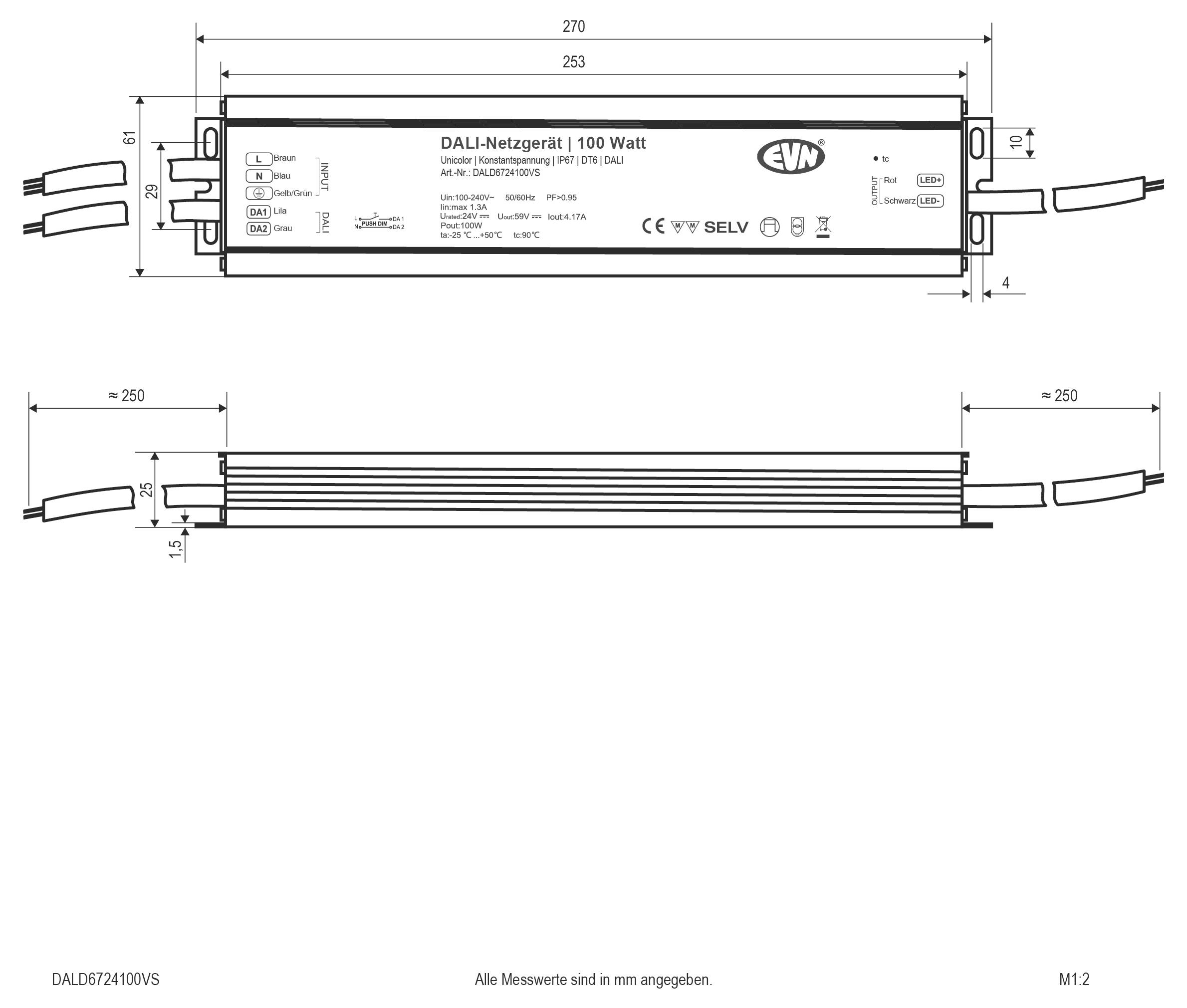 Technische Zeichnung eines DALI-2-dimmbaren LED-Treibers mit der Bezeichnung „DALI-Netzgerät | 100 Watt