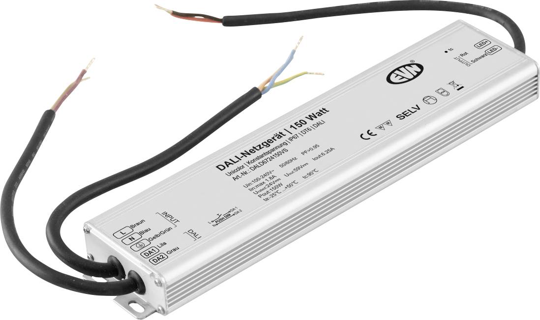Silberner DALI-LED-Treiber mit angebrachten schwarzen Stromkabeln und freigelegten Drahtenden, beschriftet mit „DALI-Netzgerät 150 Watt