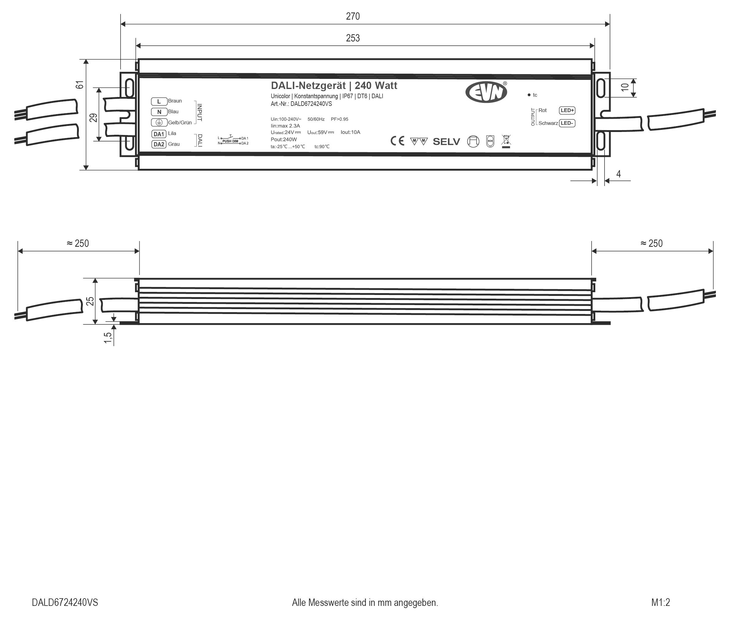 Technische Zeichnung eines rechteckigen LED-Treibers mit der Bezeichnung „DALI-Netzgerät | 240 Watt