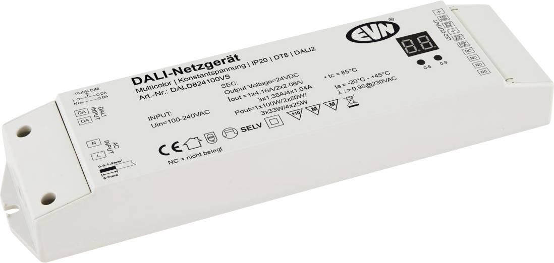 Weißes LED-Treibermodul mit der Bezeichnung „DALI-Netzgerät