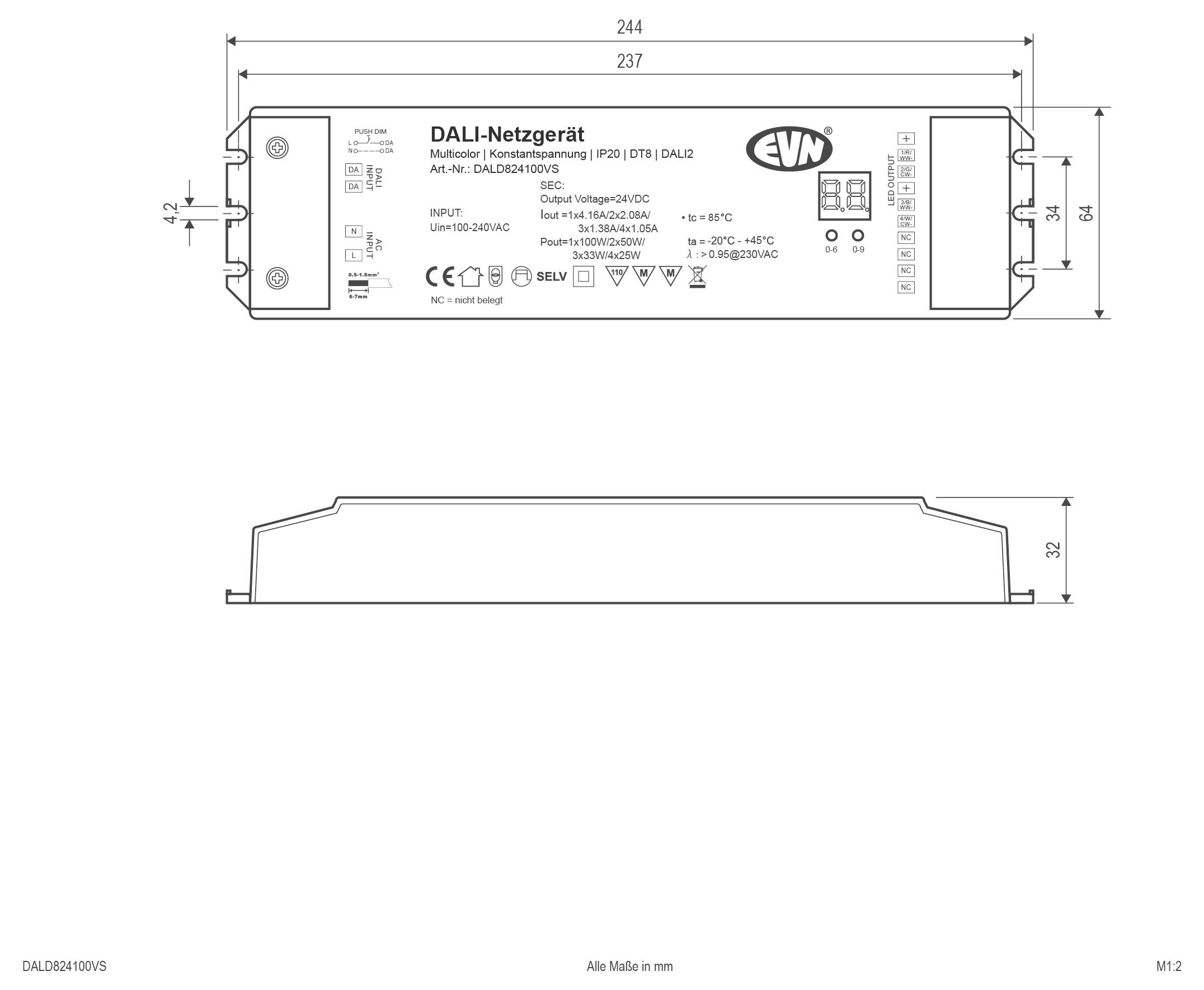 Technische Maßzeichnung eines Steckermoduls, in Millimetern beschriftet, zeigt Front- und Seitenansicht mit einer Breite von 166,7 mm, einer Höhe von 12 mm und einer Dicke von 2,5 mm.