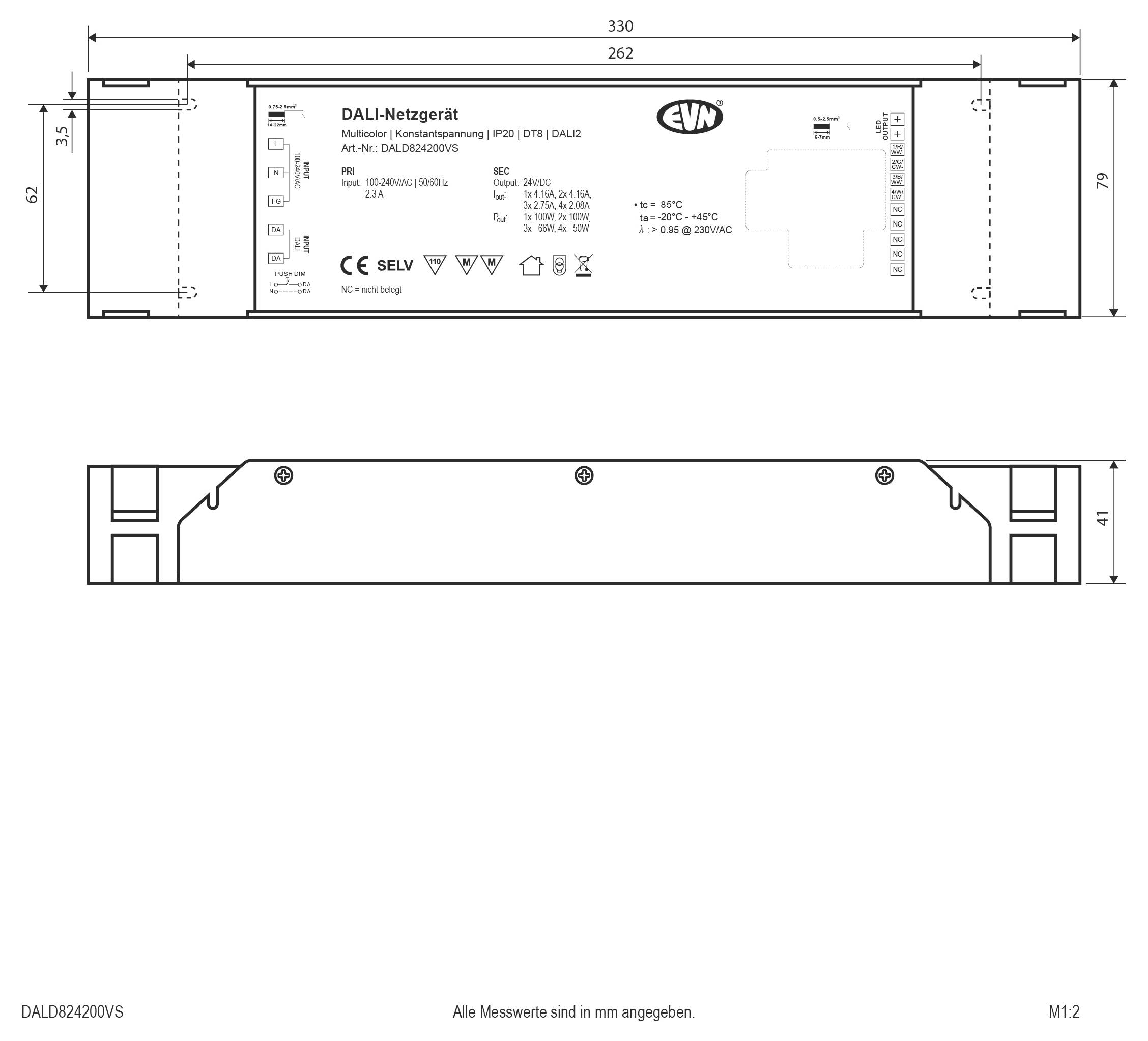 Technische Maßstabszeichnung eines EVN DALI-Controllers mit Vorder- und Seitenansichten mit Abmessungen und Beschriftungsdetails.
