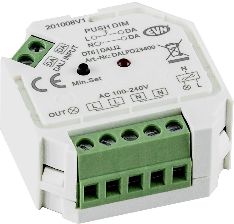 Ein weißes Elektronikmodul mit grünen Anschlussklemmen, beschriftet mit 'PUSH DIM', für die Steuerung der Beleuchtungsspannung 100-240V.