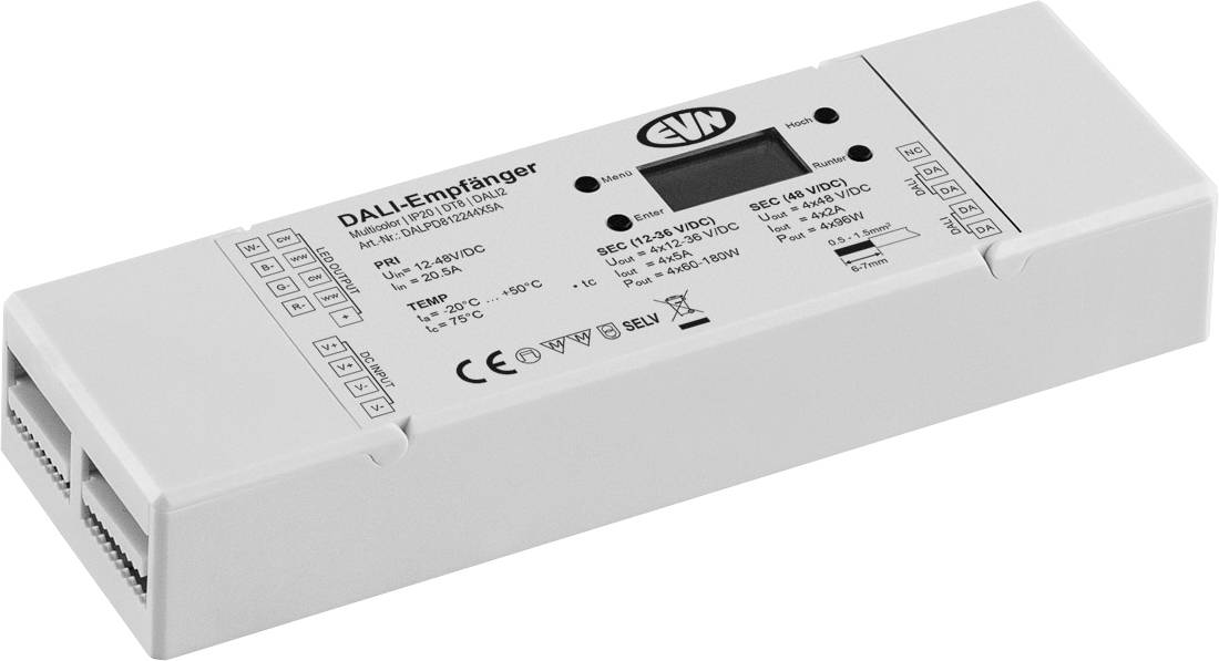 Weißes rechteckiges elektronisches Empfängermodul mit der Bezeichnung „DALI-Empfänger