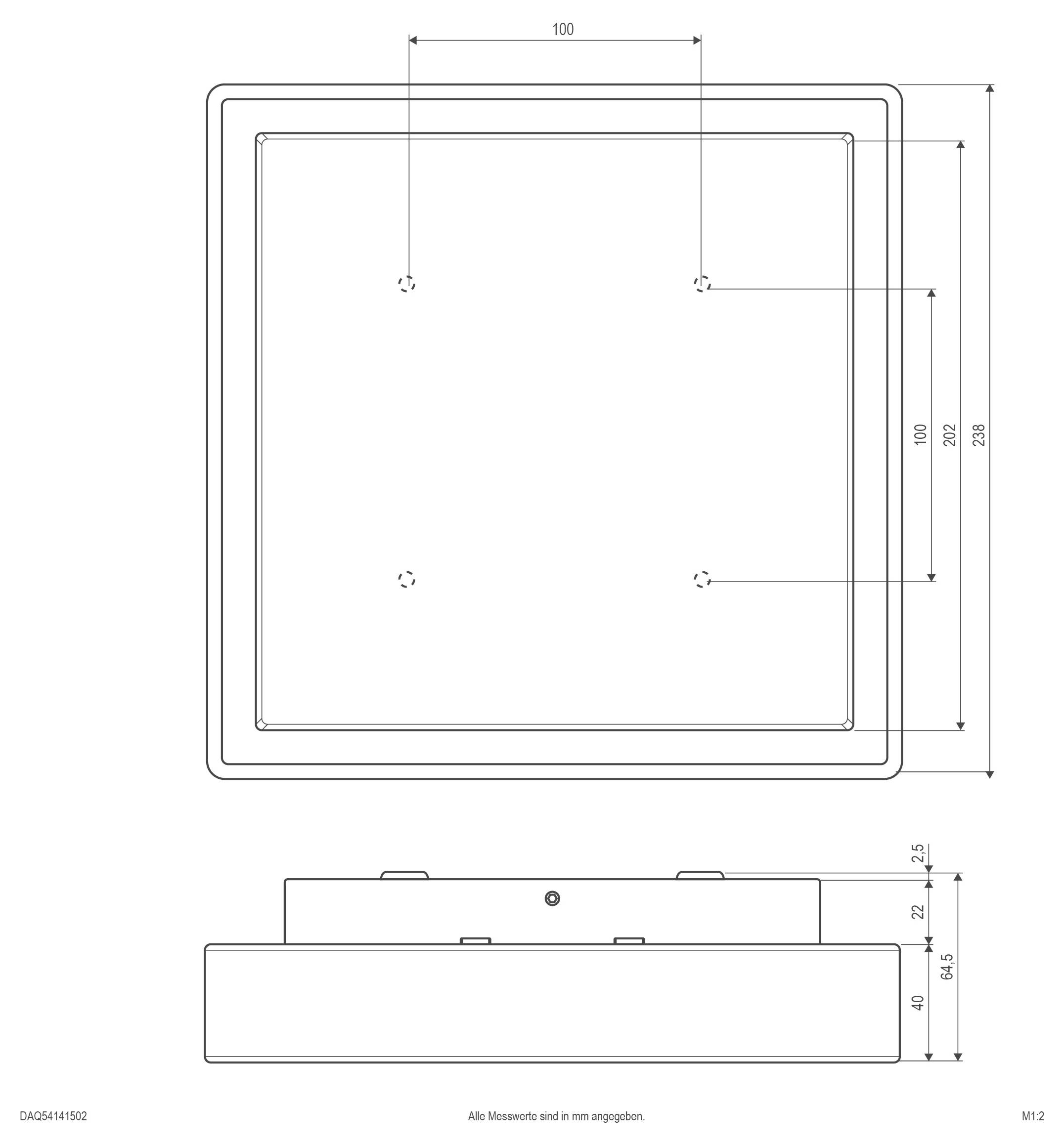 Technische Zeichnung eines quadratischen Panels mit abgerundeten Ecken, zeigt Vorder- und Seitenansichten mit Positionen der Befestigungslöcher und Abmessungen in Millimetern.