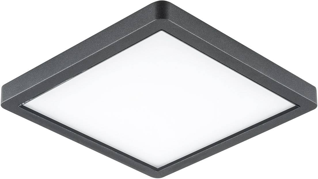 Quadratische LED-Deckenleuchte mit schwarzem Rahmen, zeigt modernes Design. Eignet sich zur Ausleuchtung von Innenräumen.