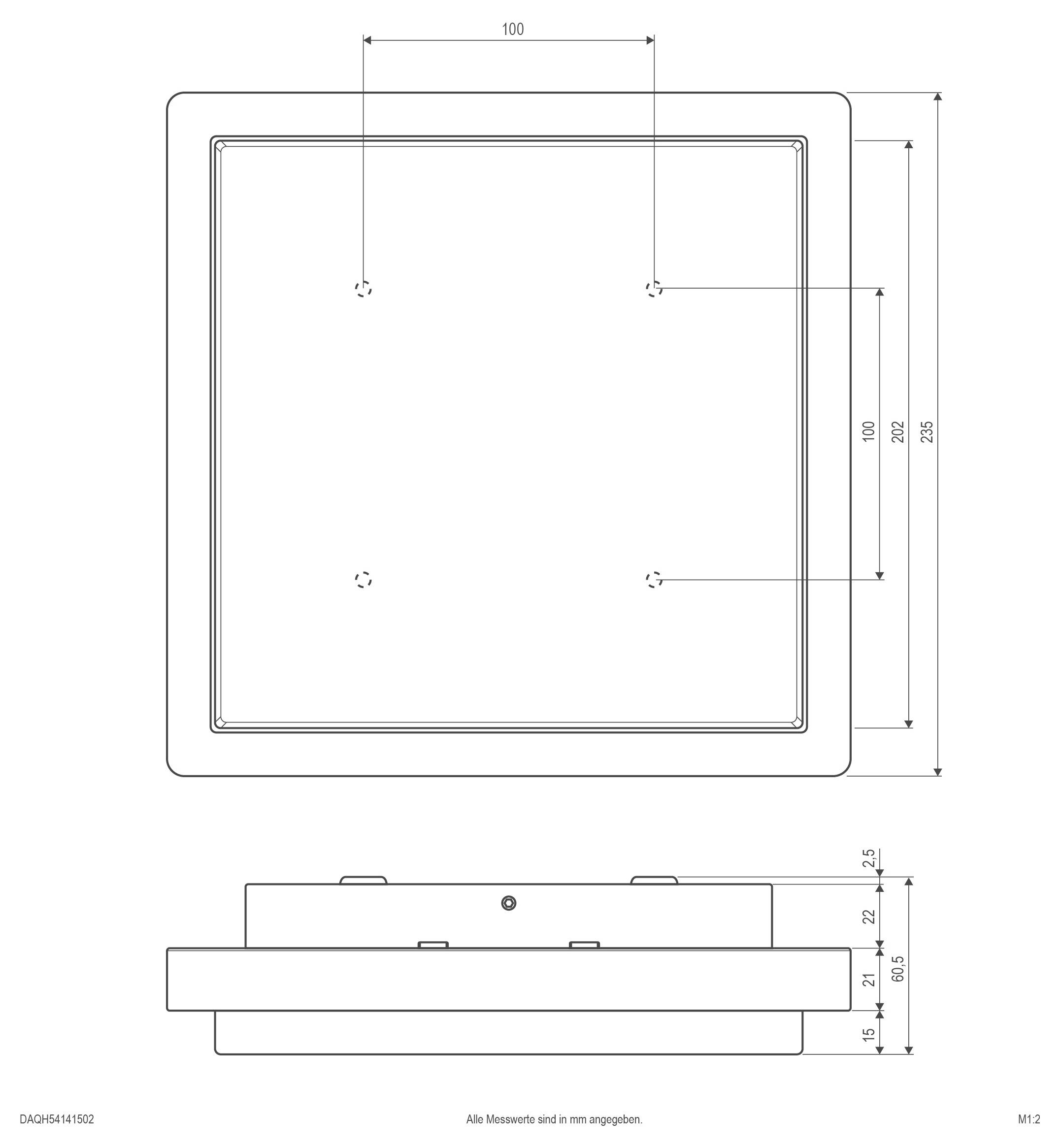 Technische Zeichnung eines quadratischen Panels mit abgerundeten Ecken, zeigt Draufsicht und Seitenansicht mit Abmessungen in Millimetern, einschließlich 100 und Gesamtabmessung 255 mm.