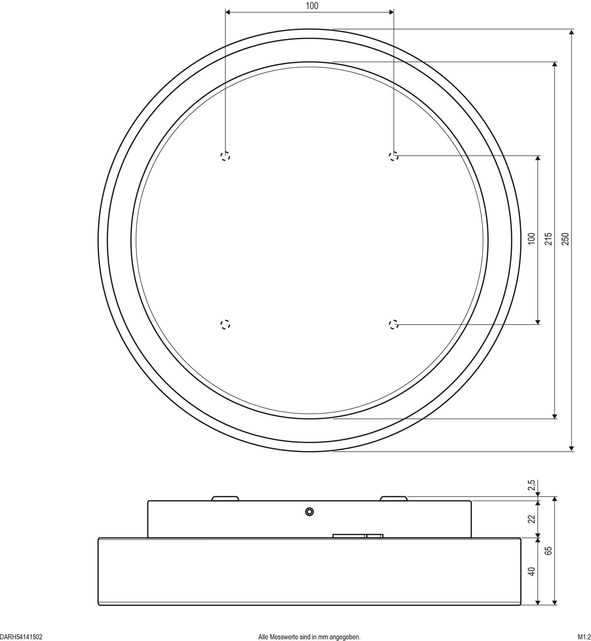 Technische Zeichnung eines runden Objekts mit Maßen in Millimetern. Oben Draufsicht, unten Seitenansicht mit Details zur Tiefe.