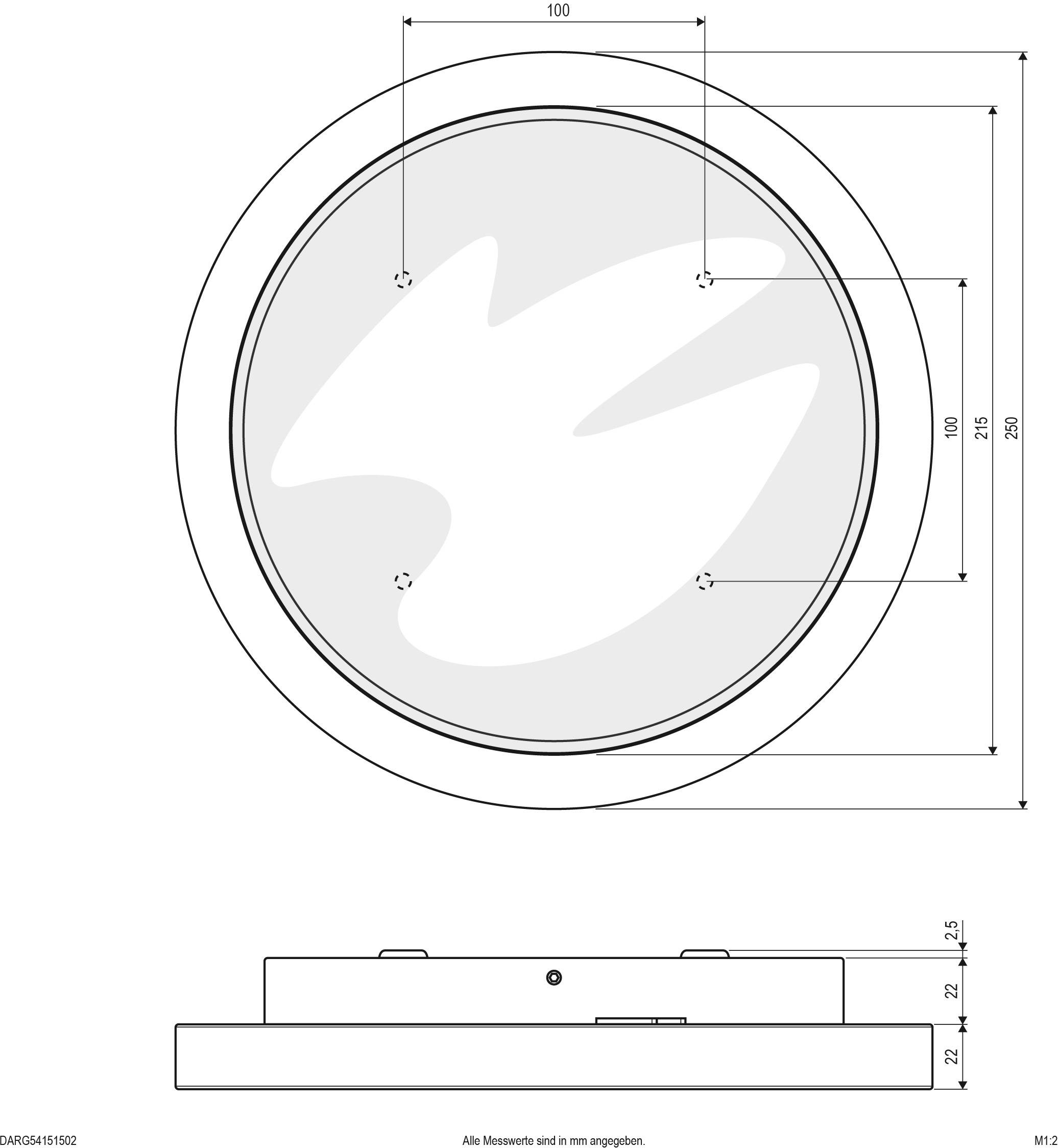 Technische Zeichnung eines runden Objekts, vermutlich ein Fenster oder eine Abdeckung, mit Abmessungen in Millimetern, seitliche Ansicht zeigt Tiefe.