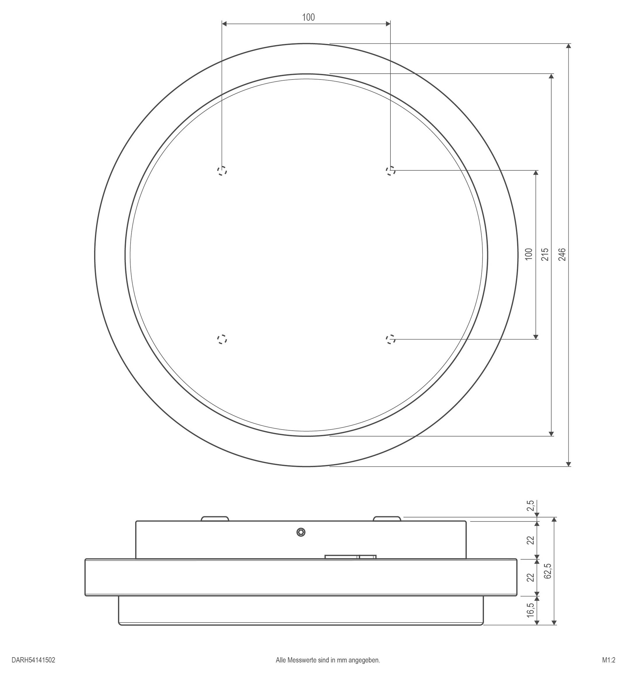 Technische Zeichnung eines runden Bauteils dargestellt in Draufsicht und Seitenansicht mit Bemaßungslinien und Abmessungen in Millimetern.