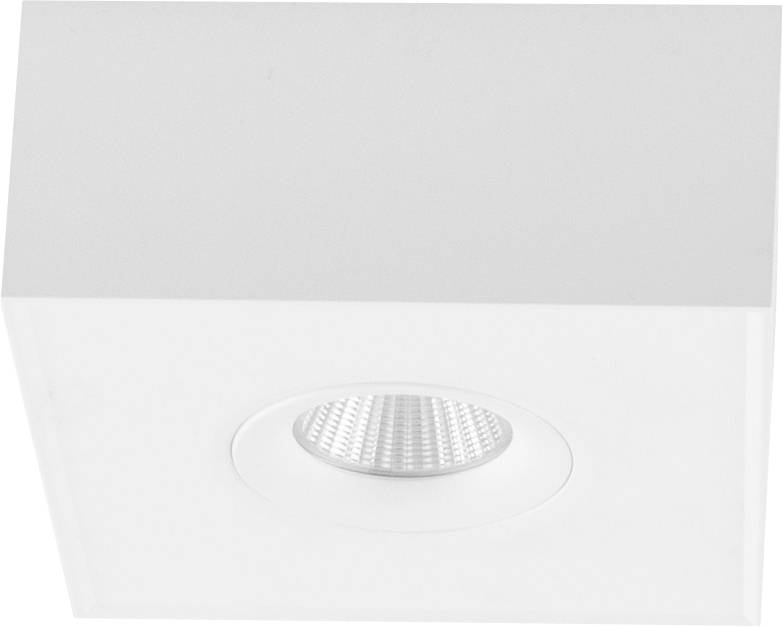 Weiße quadratische Deckenleuchte mit integriertem, rundem LED-Spot in der Mitte.