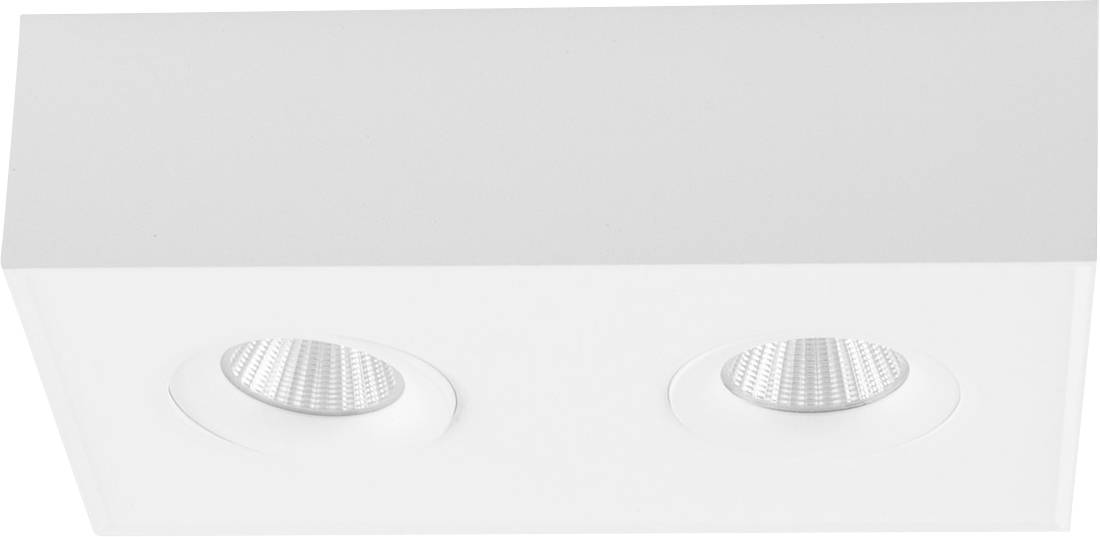 Weiße Deckenleuchte mit zwei runden, eingebetteten LED-Spots in einem rechteckigen Gehäuse.