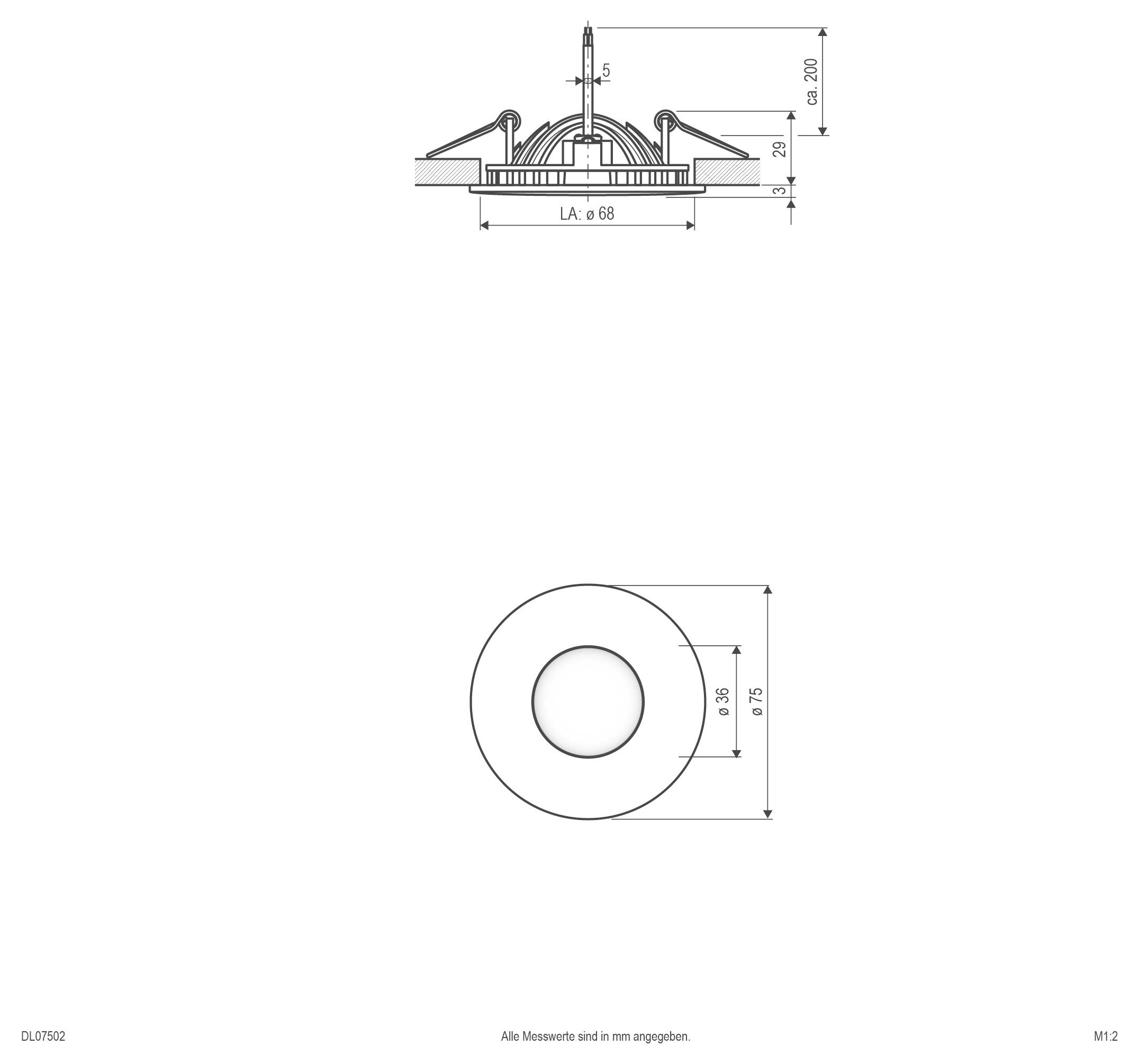 Technische Zeichnung einer runden Einbauarmatur: Seiten- und Draufsicht mit Abmessungen, zeigend 75 mm Außendurchmesser, 36 mm innere Öffnung, 68 mm Breite und 200 mm Höhe.
