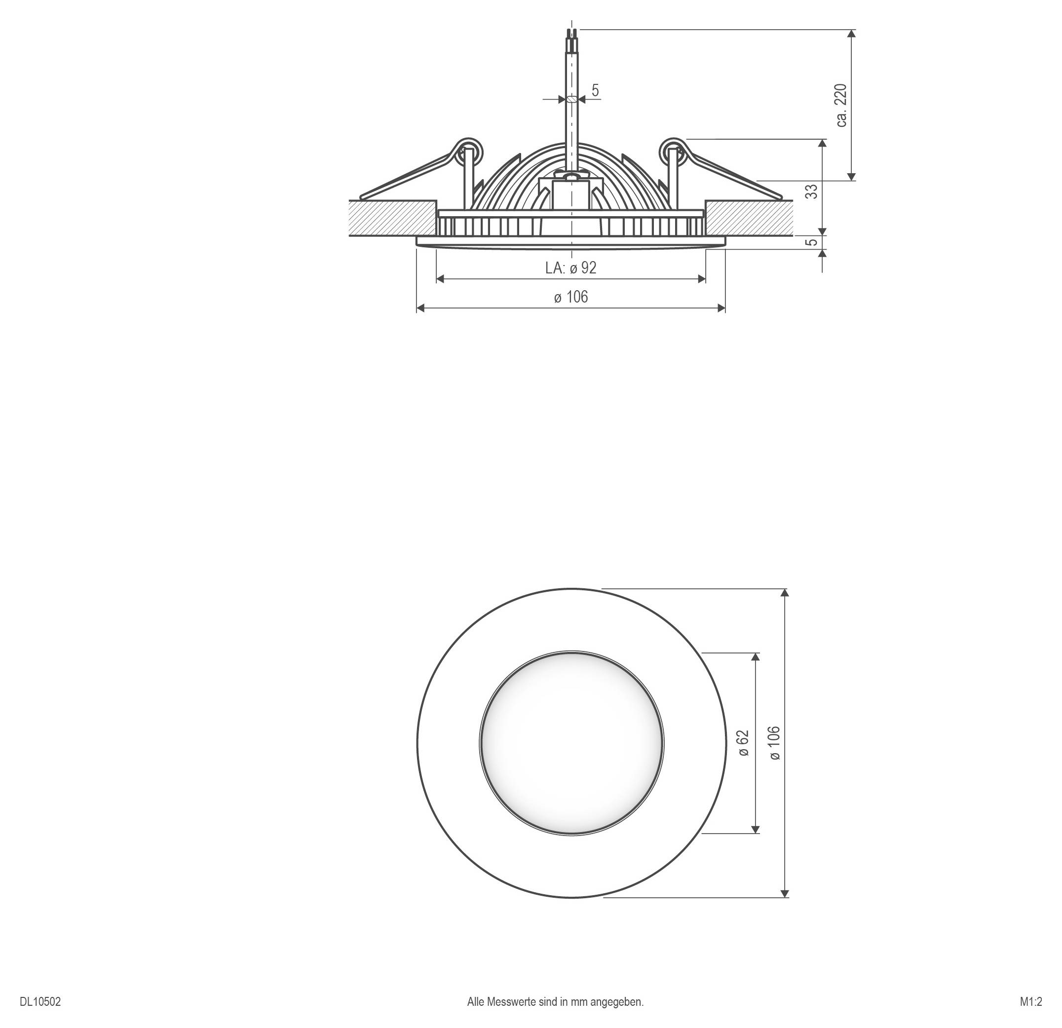 Technische Maßzeichnung einer runden Einbauleuchte mit Seiten- und Frontansicht mit Maßangaben für Durchmesser, Höhe und Ausschnittsgröße.