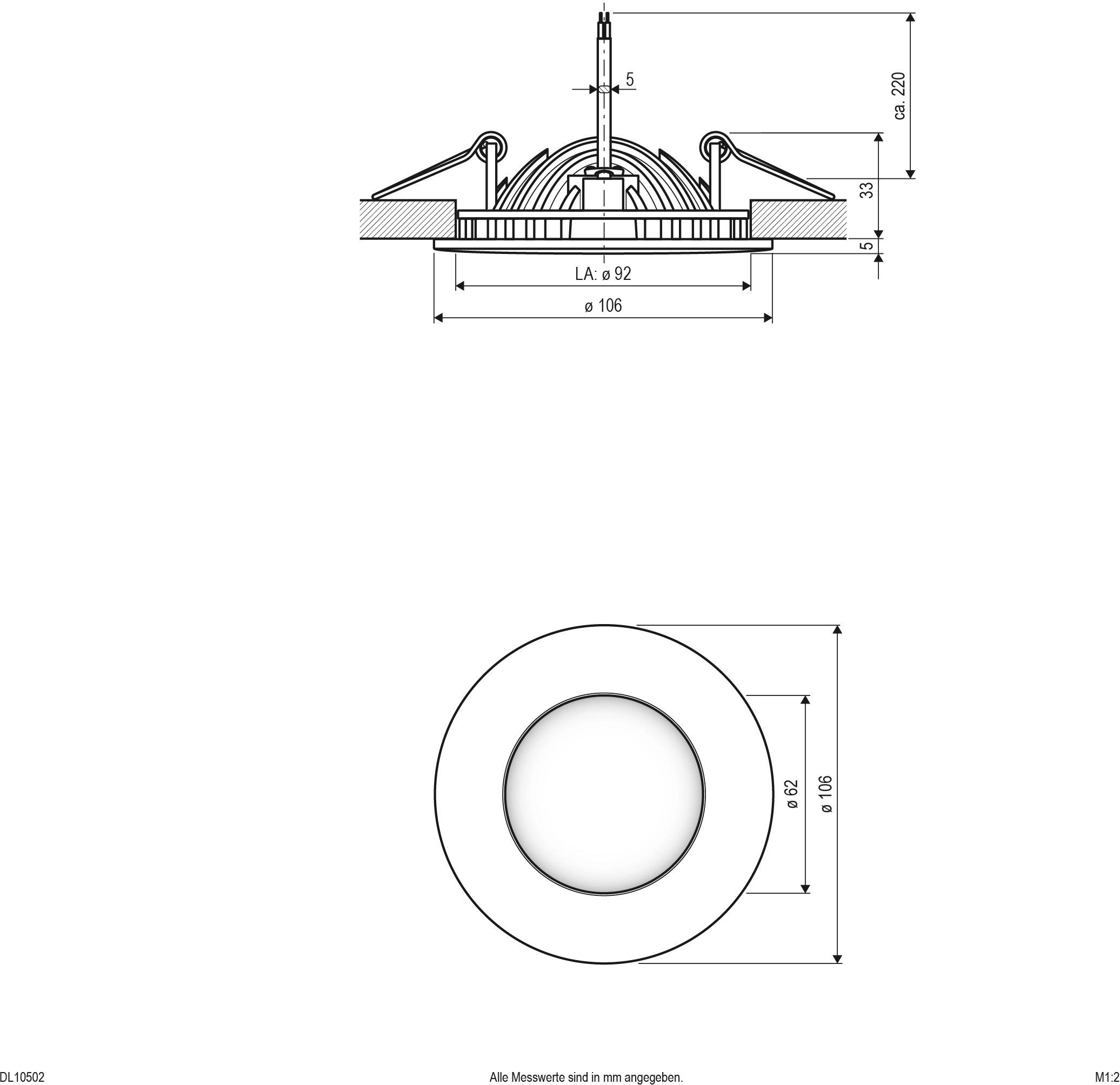 Seitenansicht und Draufsicht eines runden Einbauleuchtenmodells mit genauen Maßangaben in Millimetern; für technische Spezifikationen.