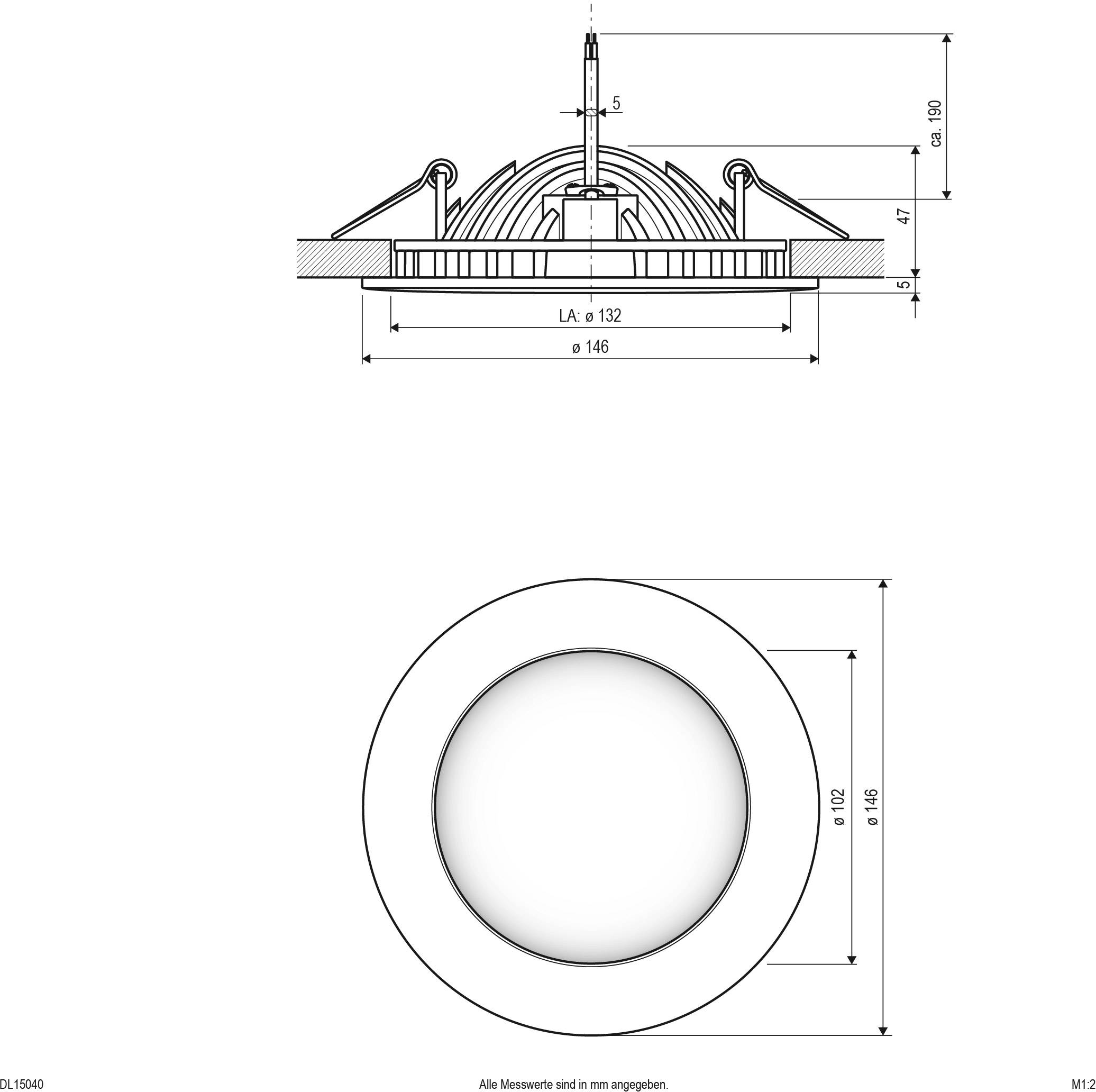 Technische Zeichnung eines runden Deckeneinbauleuchte-Modells. Abmessungen: Durchmesser 146 mm, Tiefe 47 mm; alle Maße in mm.