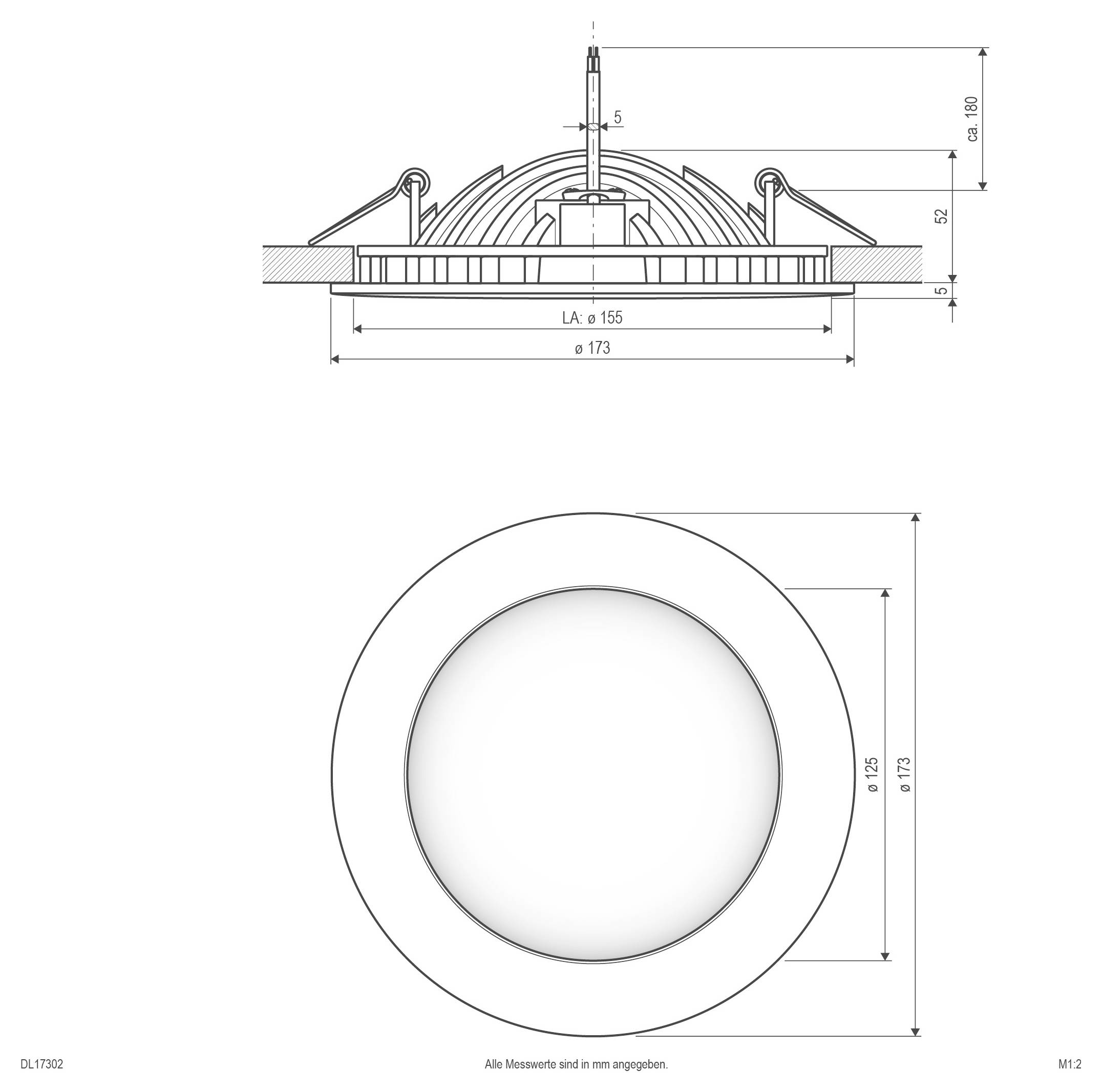 Technische Zeichnung einer runden, eingebauten Leuchte mit Seiten- und Frontansicht sowie Abmessungen, einschließlich Gesamtdurchmesser 173 mm und Ausschnitt 155 mm.