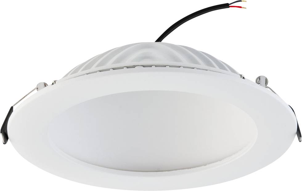 LED-Deckeneinbaulampe in Weiß mit Kabeln zur Installation.