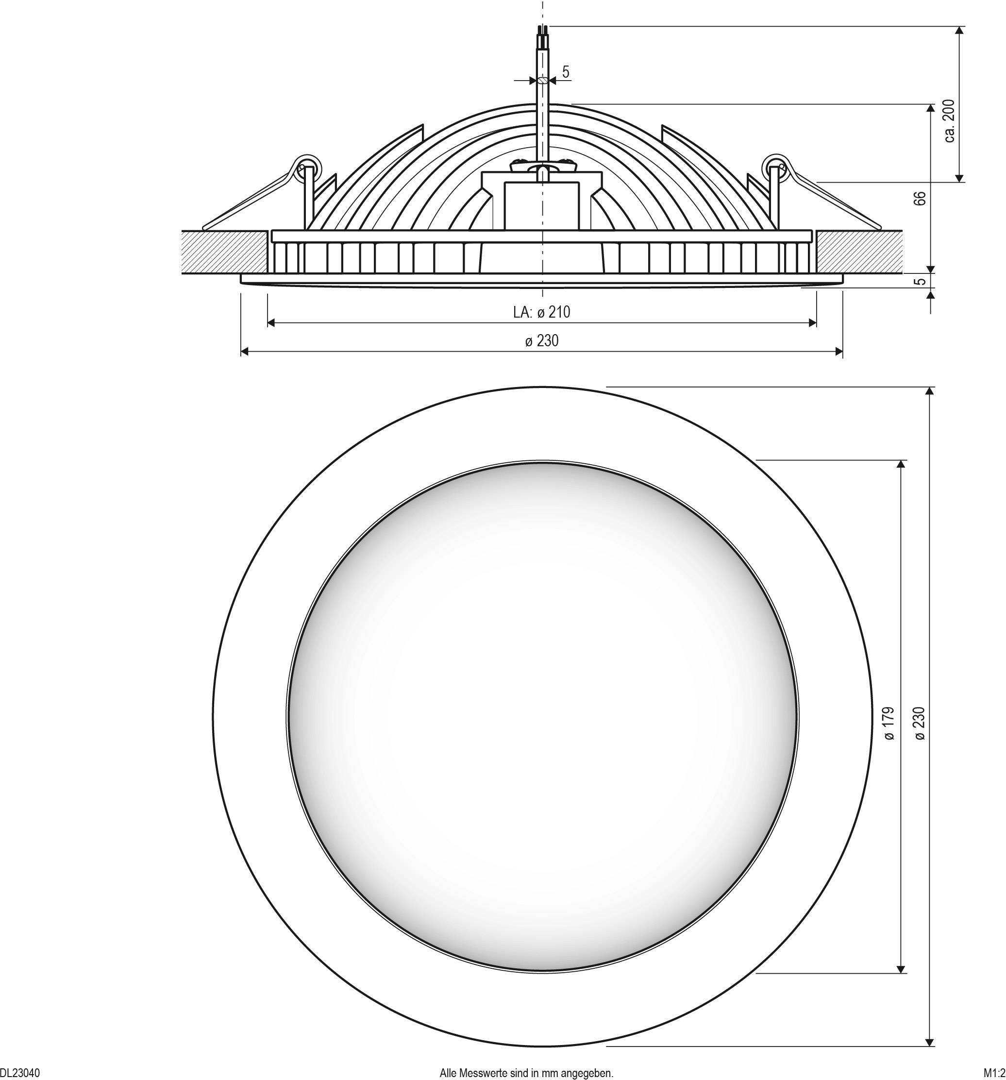 Technische Zeichnung eines runden Deckenstrahlers mit Maßen. Oben: Seitenansicht mit 90 mm Höhe, 230 mm Durchmesser. Unten: Draufsicht, zeigt gleiche Maße.