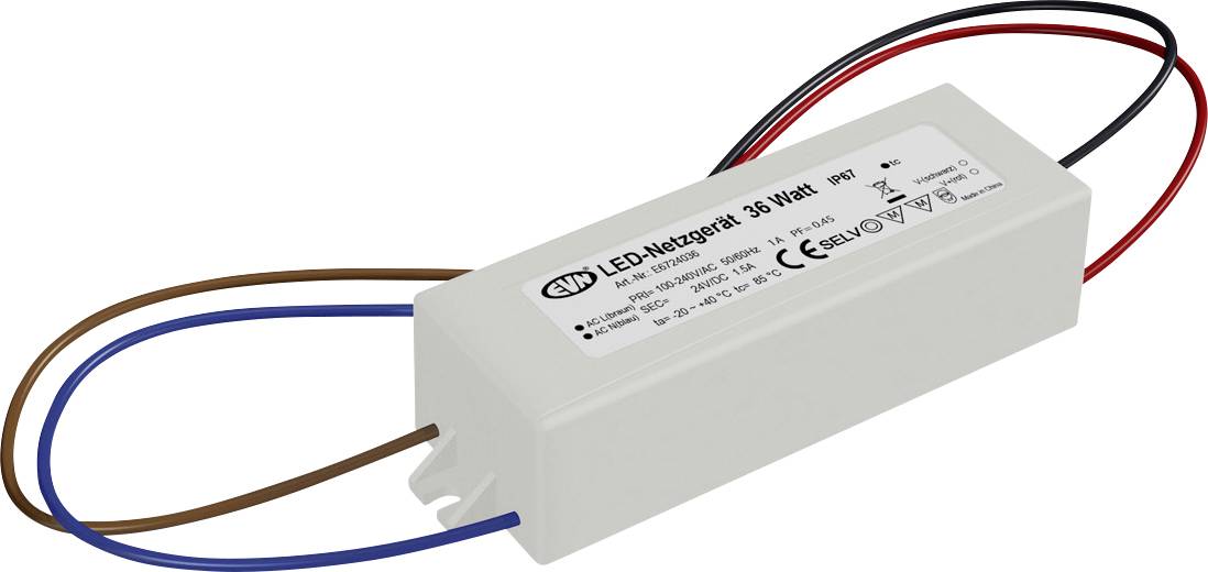 Nahaufnahme eines DALI-LED-Treiber-Netzteils mit angeschlossenen schwarzen Kabeln und freigelegten Drahtenden, dargestellt auf weißem Hintergrund.