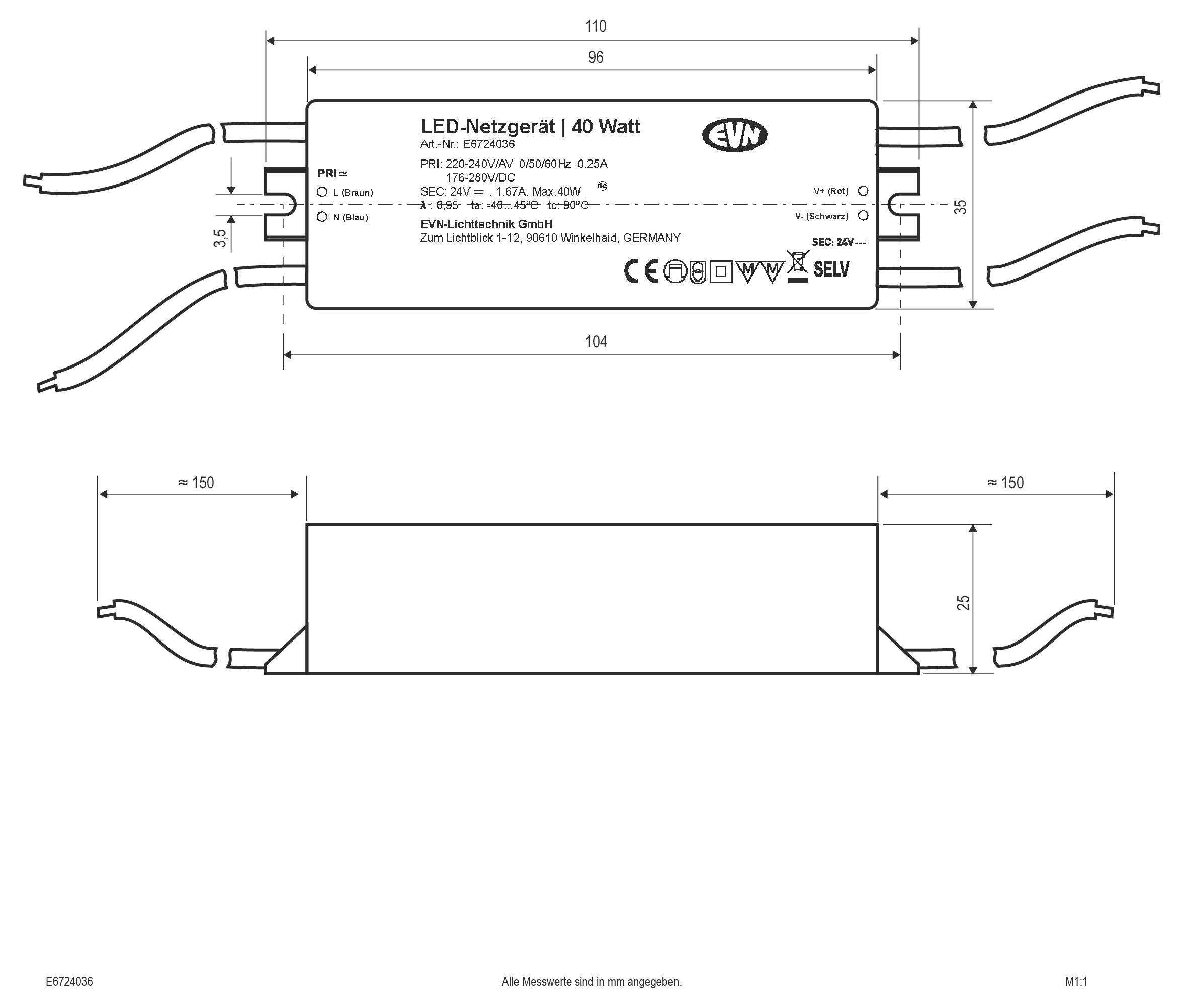 Technische Zeichnung mit Maßen einer rechteckigen LED-Stromversorgung, zeigt Seiten- und Frontansicht mit Maßangaben in Millimetern, einschließlich 223 mm Länge und 40-41 mm Höhe.