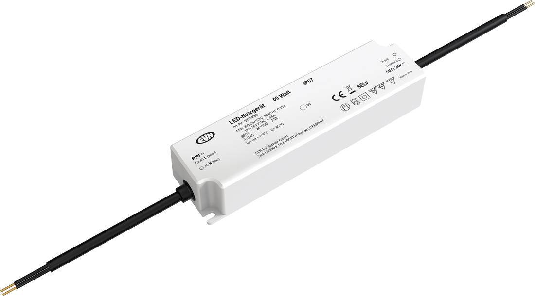 LED-Treiber-Netzteil-Modul in Weiß mit schwarzen Kabeln an beiden Enden auf neutralem Hintergrund befestigt.