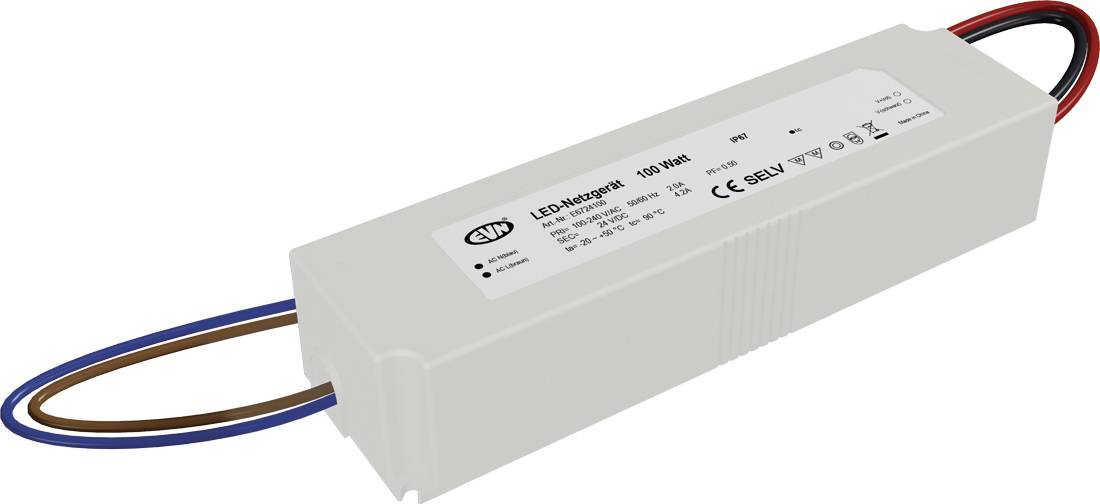 Weiße LED-Transformator-Stromversorgung mit angebrachten rot-schwarzen und braun-blauen Kabeln auf weißem Hintergrund.