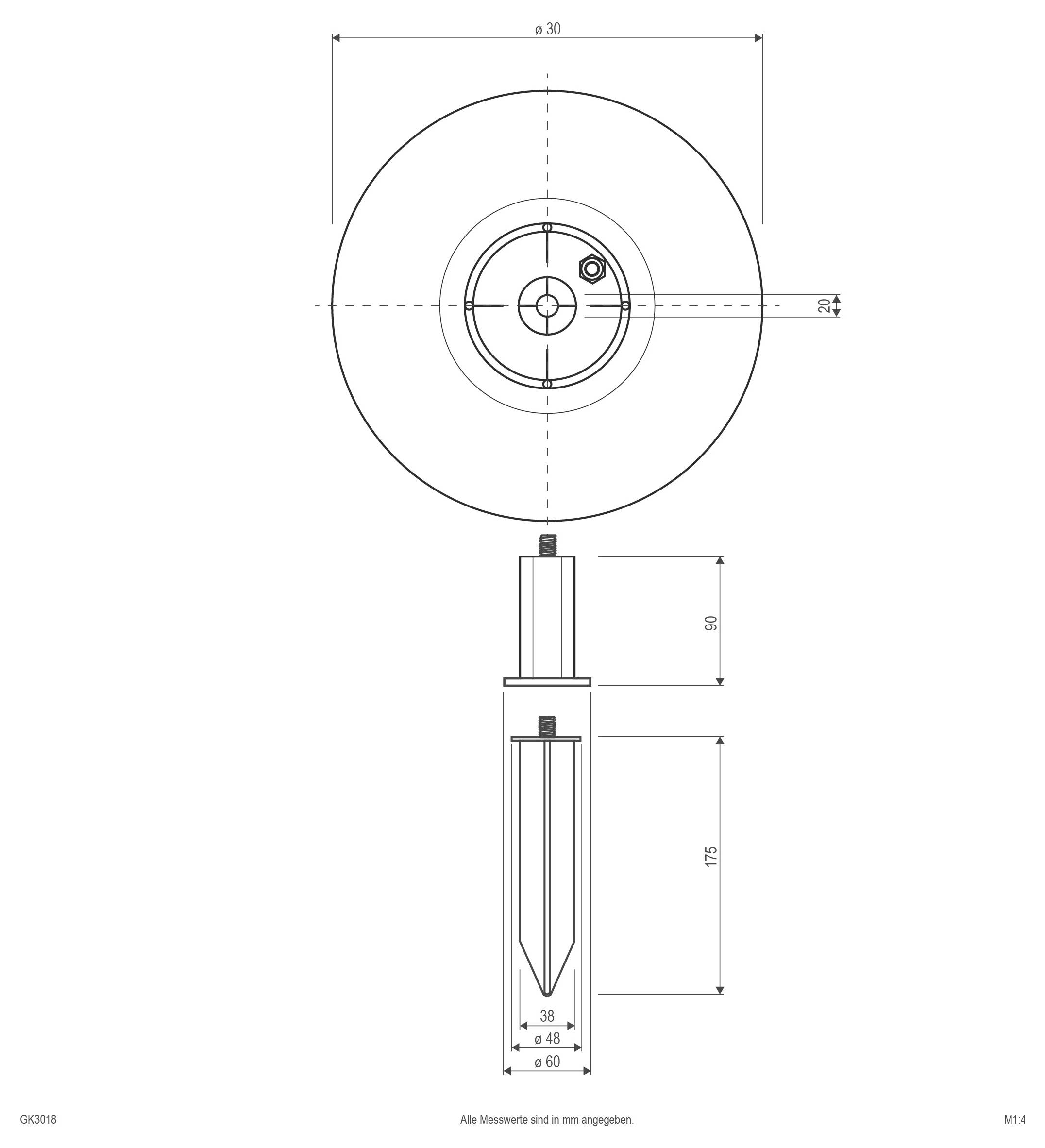Technische Zeichnung eines zylindrischen mechanischen Teils in Draufsicht und Seitenansicht, mit Mittellinien und Abmessungen einschließlich Ø30, Ø60, 80 und 175 mm.