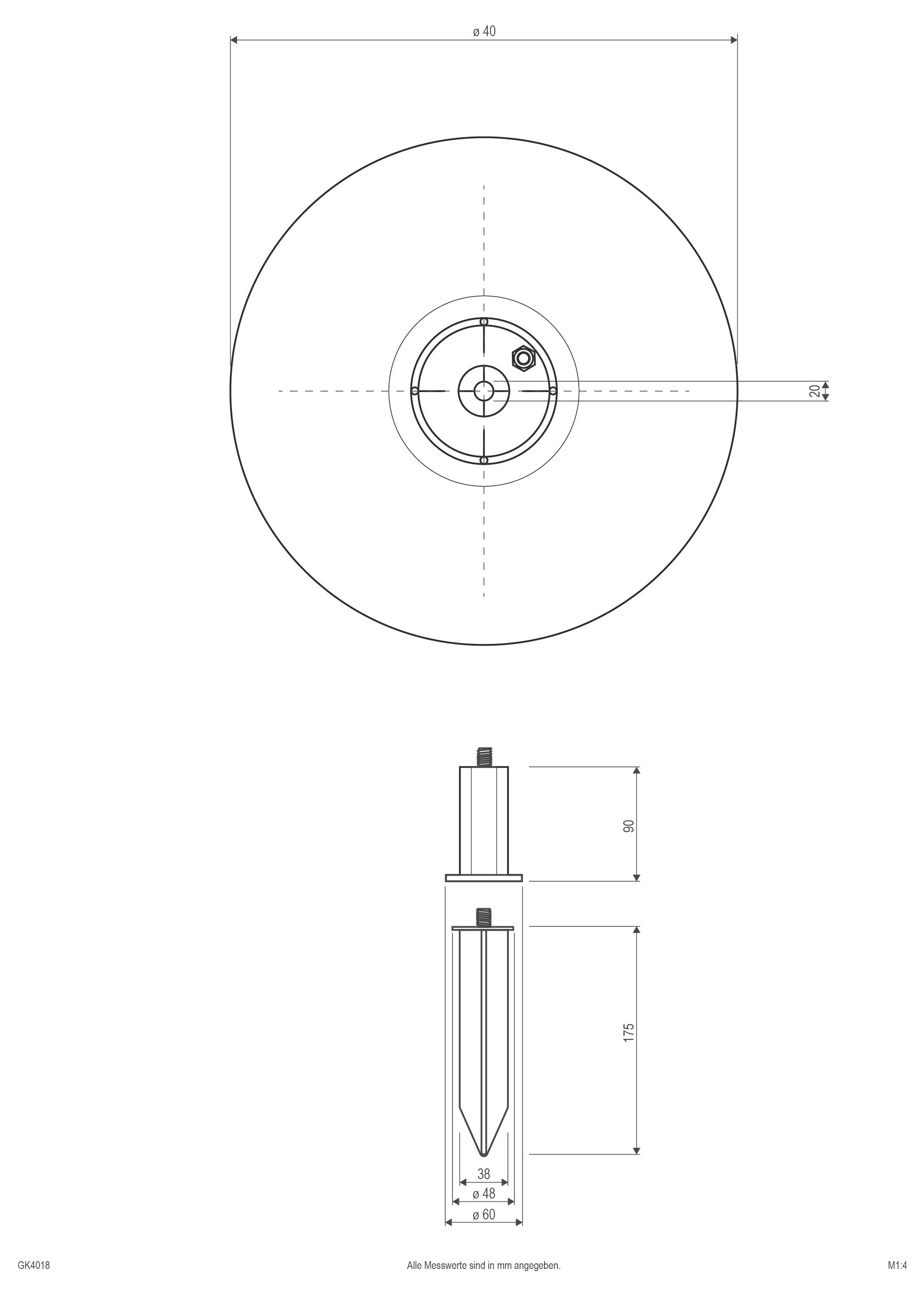 Technische Zeichnung eines kreisförmigen Geräts dargestellt in Draufsicht und Seitenansicht mit Bemaßungslinien, die ein großes rundes Gehäuse und eine hohe zylindrische Innenkomponente zeigen.