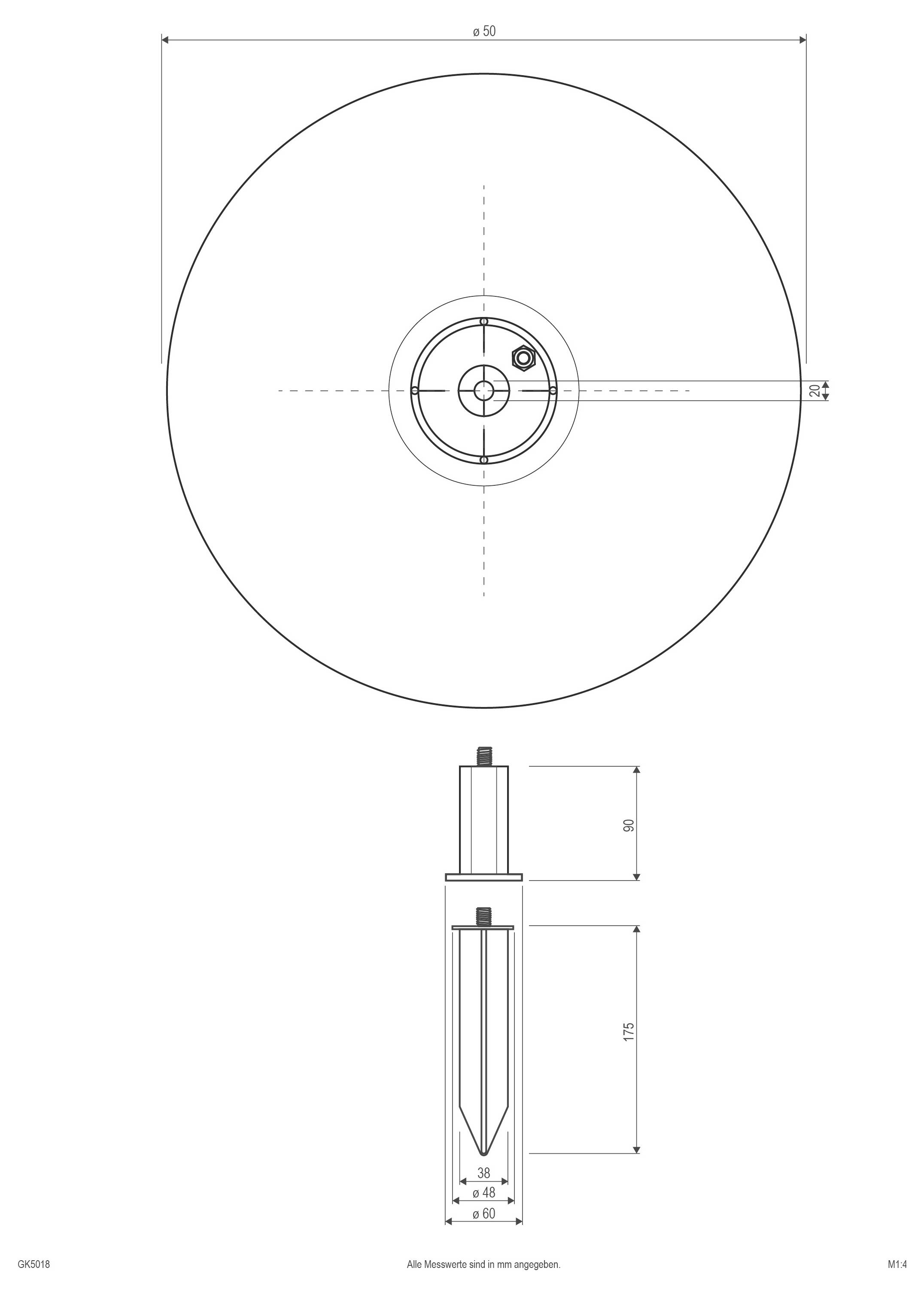Technische Zeichnung eines kreisförmigen Geräts mit einer zentralen Nabe, dargestellt in Draufsicht und Seitenansicht mit Bemaßungslinien und Maßen.