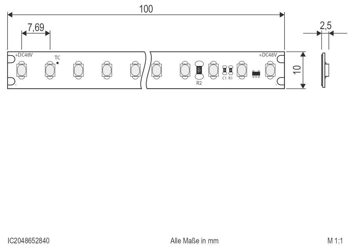 Technische Zeichnung eines 100 mm LED-Streifensegments mit gekennzeichneten Komponenten und Abmessungen in mm, einschließlich 7,69 mm Abstand, 10 mm Breite und 2,5 mm Dicke.