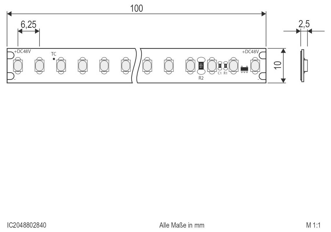 Technische Zeichnung eines LED-Streifensegments mit Komponentenlayout und Abmessungen: 100 mm Länge, 10 mm Breite, 6,25 mm Abstände, 2,5 mm Dicke.