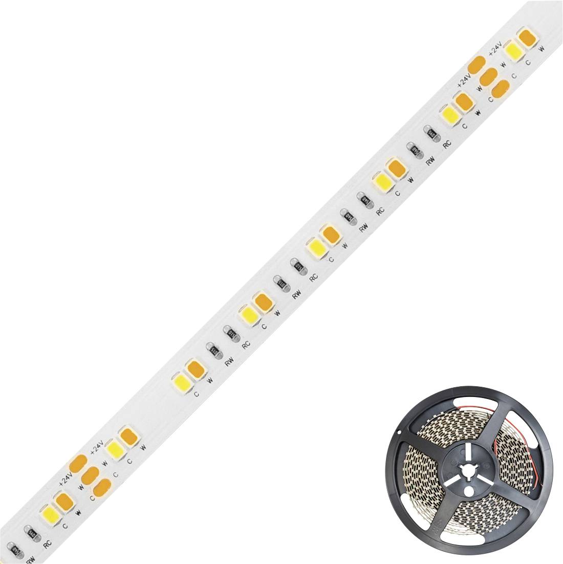 Flexible LED-Streifen mit warmweißen und kaltweißen Dioden, aufgerollt auf einer Spule; ideal für anpassbare Beleuchtung.