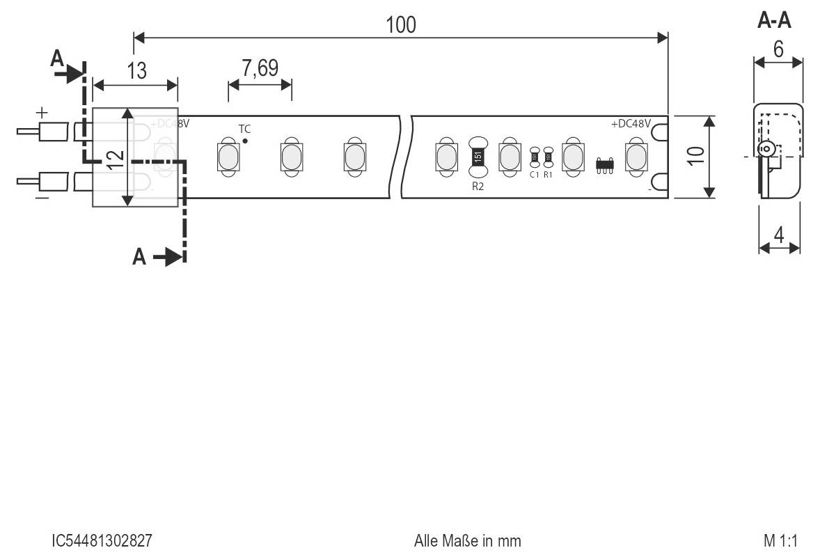 Technische Zeichnung eines LED-Streifensegments mit Komponenten und Schnittmarken, die Abmessungen in Millimetern zeigt, einschließlich einer Länge von 100 mm und des Querschnitts A-A.