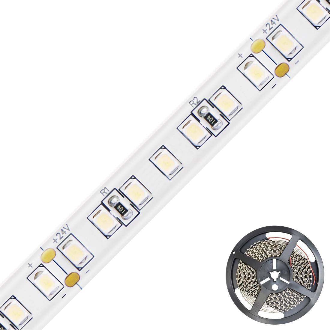 LED-Lichtleiste mit leuchtenden Dioden, Anzeige von Plus- und Minuspolen, Detail einer Rolle mit LED-Streifen im Hintergrund.
