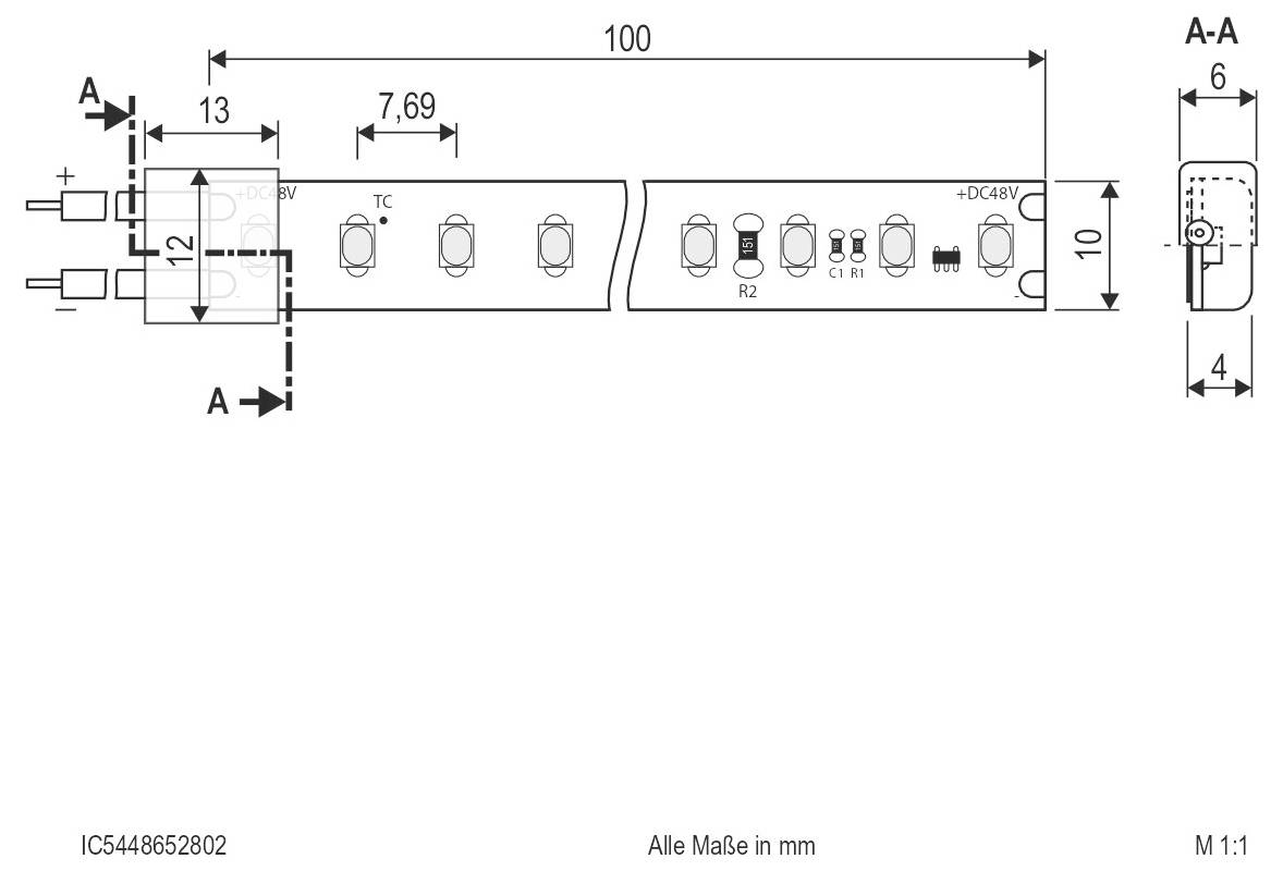 Technische Linienzeichnung eines 100 mm LED-Streifensteckers/Leiterplatte, die Abmessungen, Schnittlinie A-A, Komponentenplatzierung und seitlichen Querschnitt zeigt.