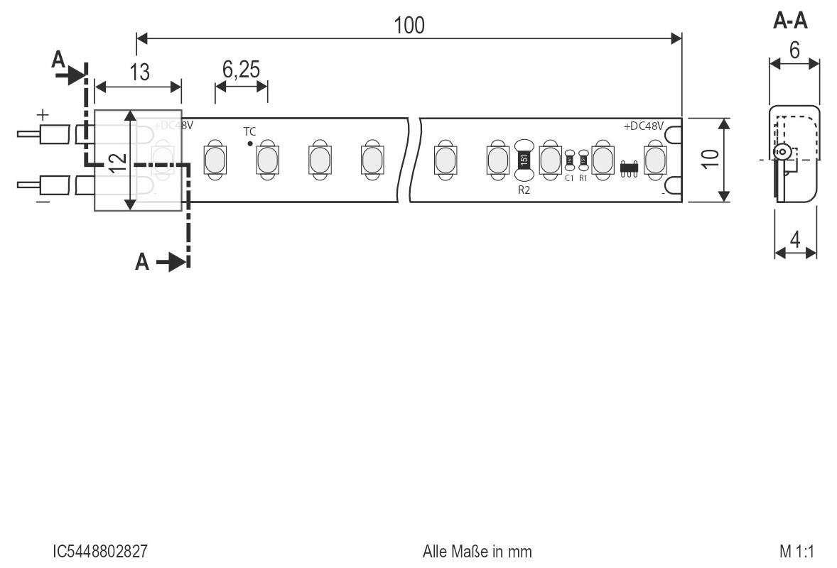 Technische Zeichnung eines LED-Treibers mit Draufsicht und Seitenansicht mit Kabelenden und Abmessungen, beschriftet mit „LED-Netzteil 150 Watt
