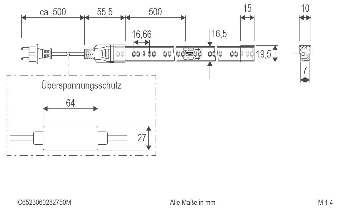 Technische Maßstabzeichnung einer Stromkabeleinheit mit integriertem Überspannungsschutzmodul, mit Angaben in mm und einem Maßstab von 1:4.