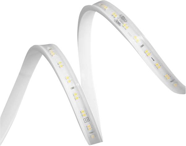 Weiße flexible LED-Streifenleuchte mit gleichmäßig verteilten kleinen Glühbirnen, geschwungen vor einem einfachen Hintergrund dargestellt.