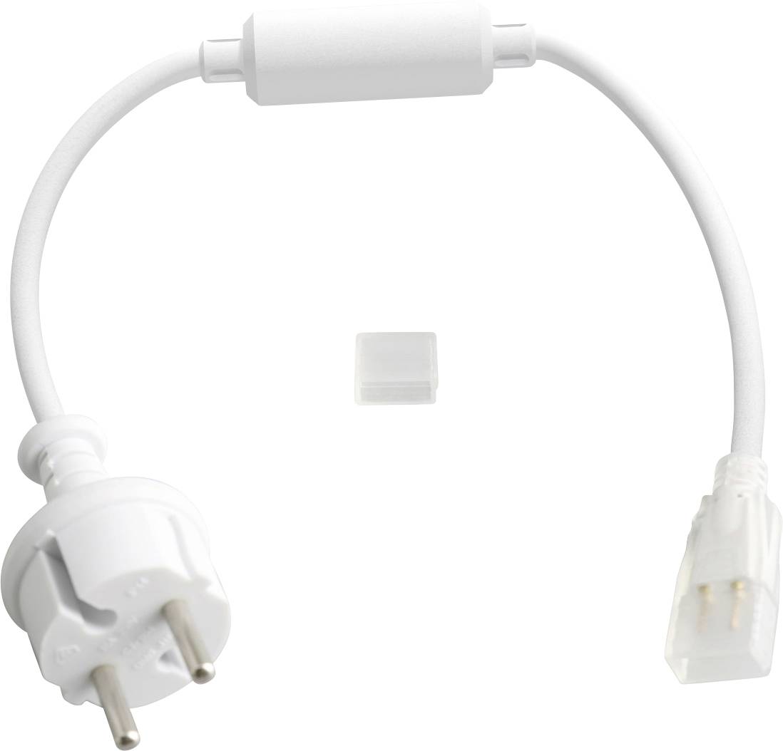Weißes Stromkabel mit einem europäischen zweipoligen Stecker an einem Ende und einem Verbinder am anderen Ende sowie einem kleinen Adapterstück in der Mitte.