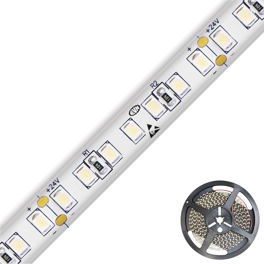Flexible LED-Streifen, Nahaufnahme der LED-Chips mit Beschriftungen '+24V'. Runde Spule unten rechts, die den Streifen aufwickelt.